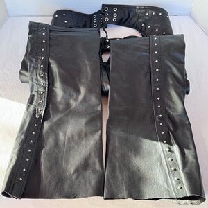 Women’s Black Leather Biker Chaps Silver Studs Harley Moto Indian Sz Small